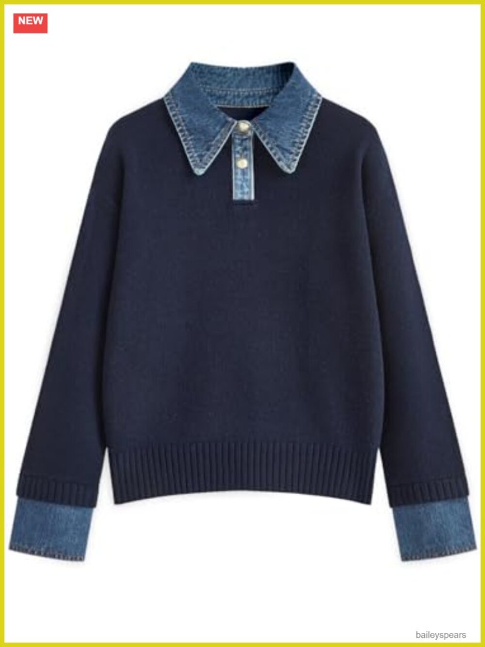 Oversized Denim Polo Knit Collared V-Neck Sweater